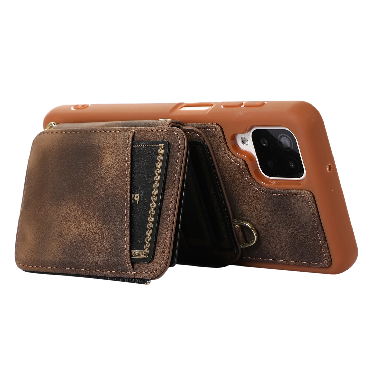 For Samsung Galaxy A12 Card Holder Slots Zipper Pocket Case PU Leather Coated TPU Kickstand Phone Cover