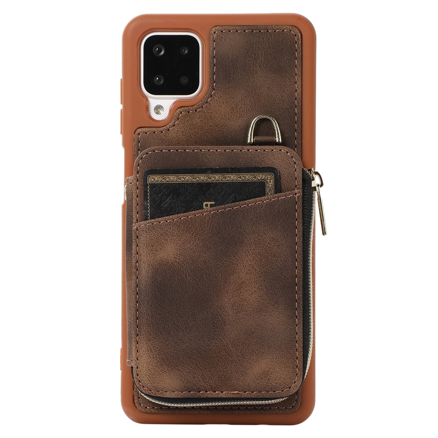 For Samsung Galaxy A12 Card Holder Slots Zipper Pocket Case PU Leather Coated TPU Kickstand Phone Cover