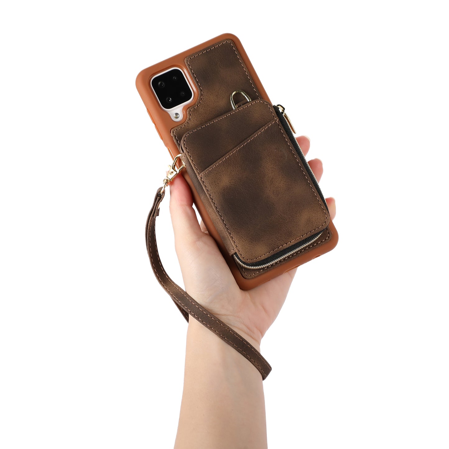 For Samsung Galaxy A12 Card Holder Slots Zipper Pocket Case PU Leather Coated TPU Kickstand Phone Cover