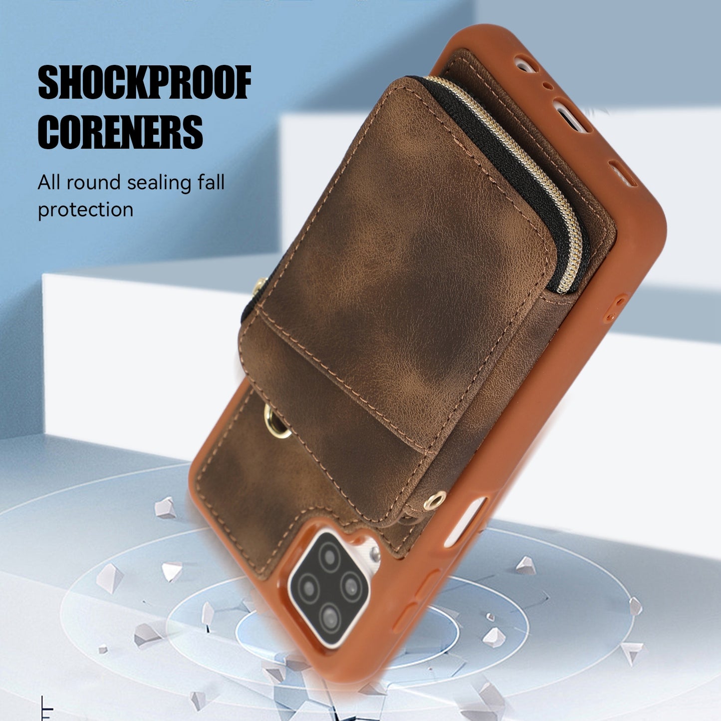 For Samsung Galaxy A12 Card Holder Slots Zipper Pocket Case PU Leather Coated TPU Kickstand Phone Cover