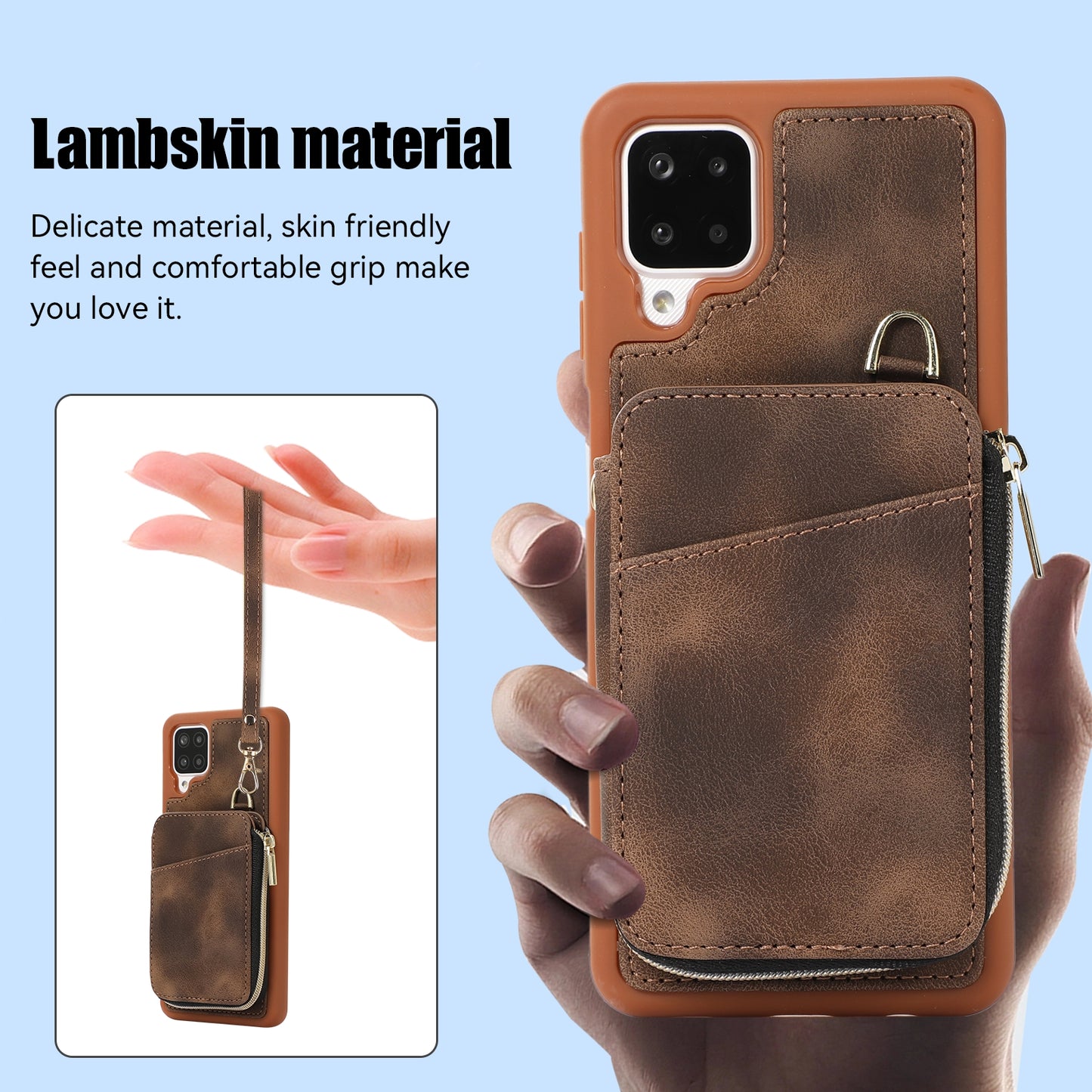 For Samsung Galaxy A12 Card Holder Slots Zipper Pocket Case PU Leather Coated TPU Kickstand Phone Cover