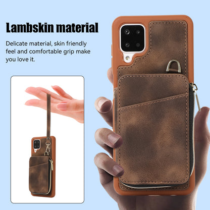 For Samsung Galaxy A12 Card Holder Slots Zipper Pocket Case PU Leather Coated TPU Kickstand Phone Cover