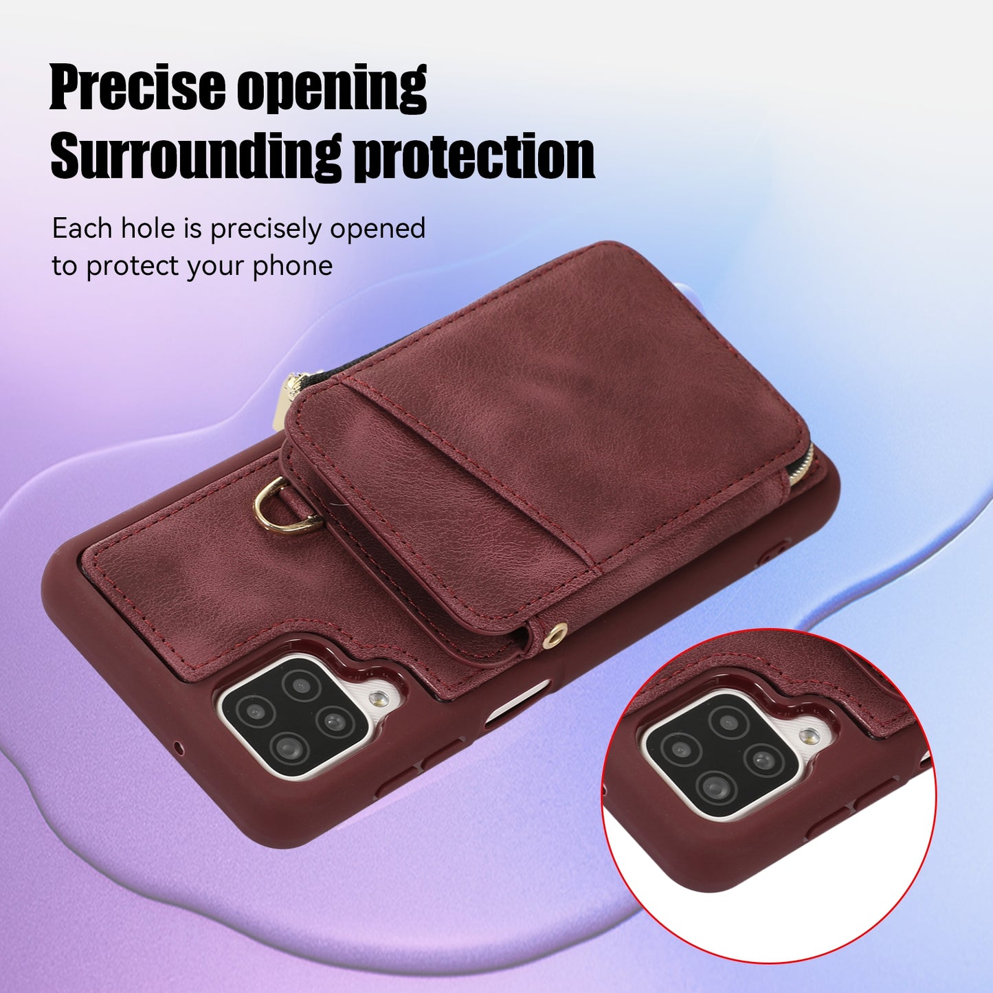 For Samsung Galaxy A12 Card Holder Slots Zipper Pocket Case PU Leather Coated TPU Kickstand Phone Cover