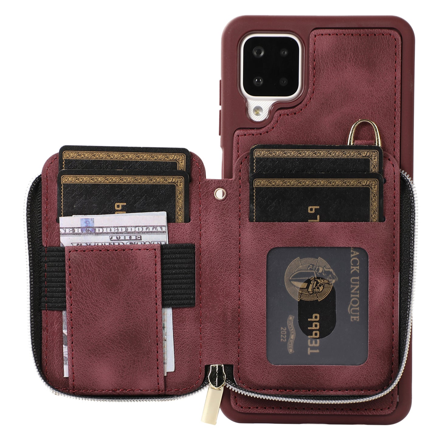 For Samsung Galaxy A12 Card Holder Slots Zipper Pocket Case PU Leather Coated TPU Kickstand Phone Cover