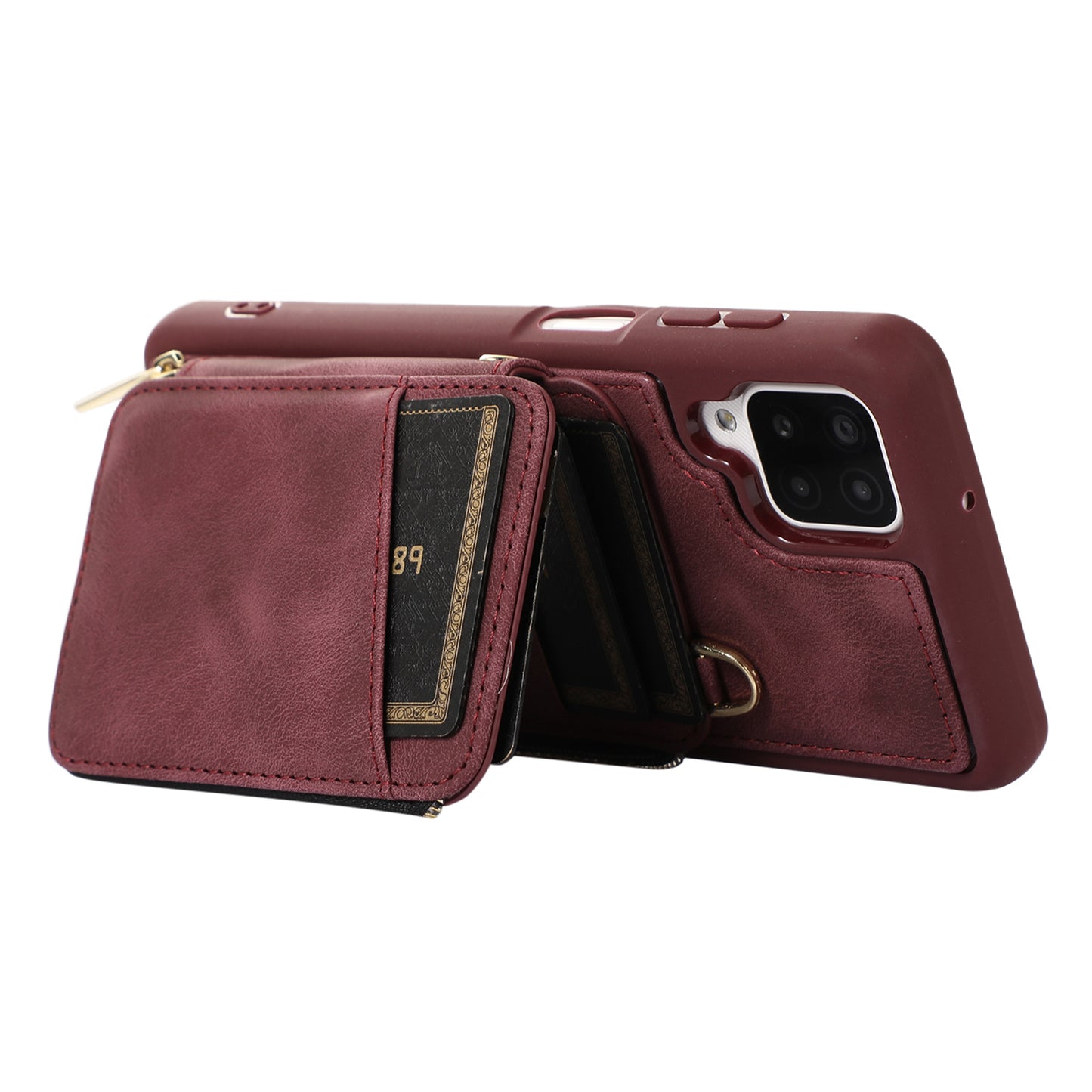 For Samsung Galaxy A12 Card Holder Slots Zipper Pocket Case PU Leather Coated TPU Kickstand Phone Cover