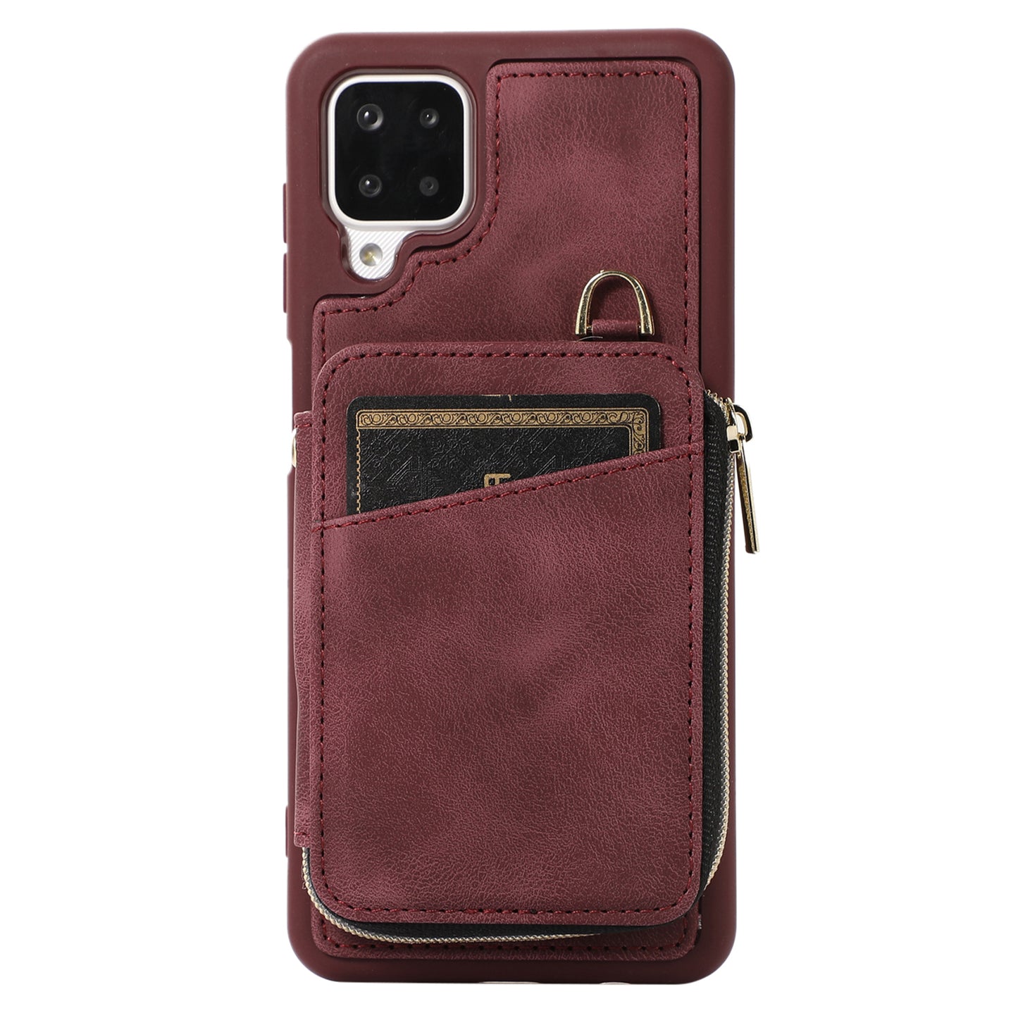 For Samsung Galaxy A12 Card Holder Slots Zipper Pocket Case PU Leather Coated TPU Kickstand Phone Cover