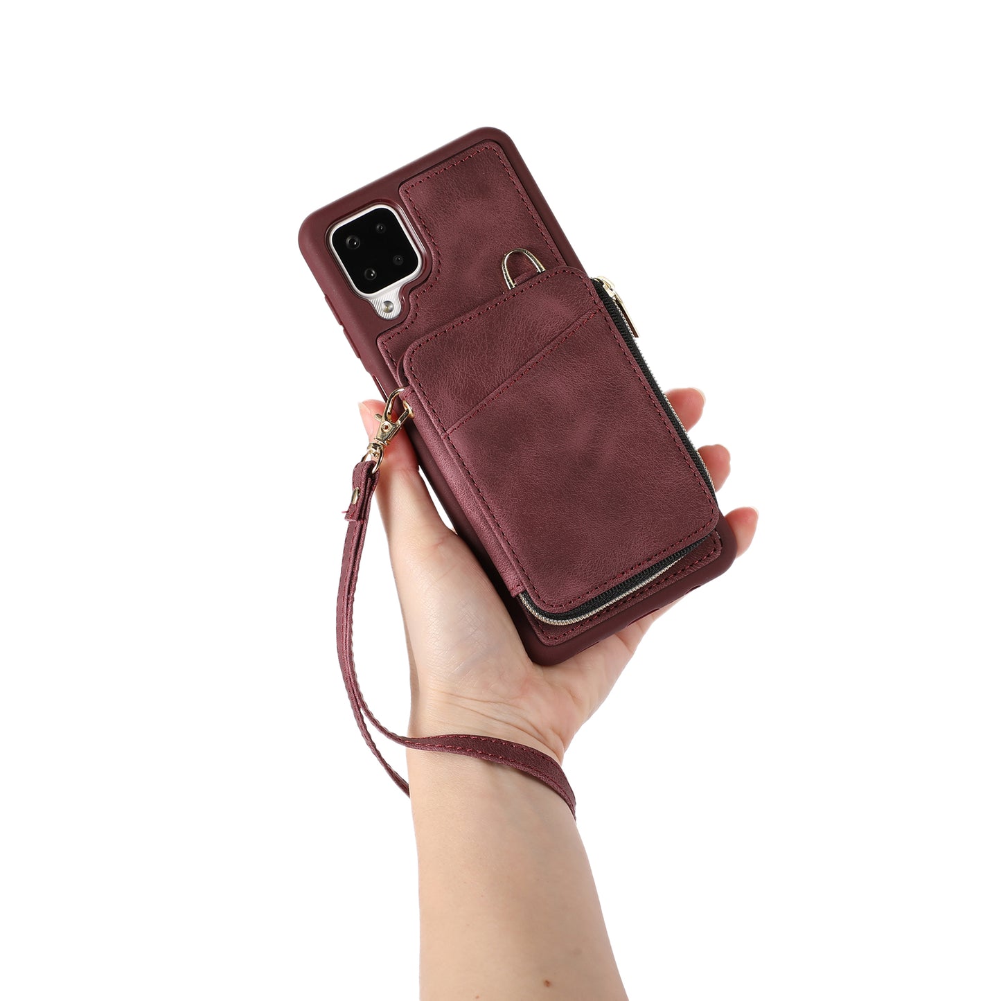 For Samsung Galaxy A12 Card Holder Slots Zipper Pocket Case PU Leather Coated TPU Kickstand Phone Cover