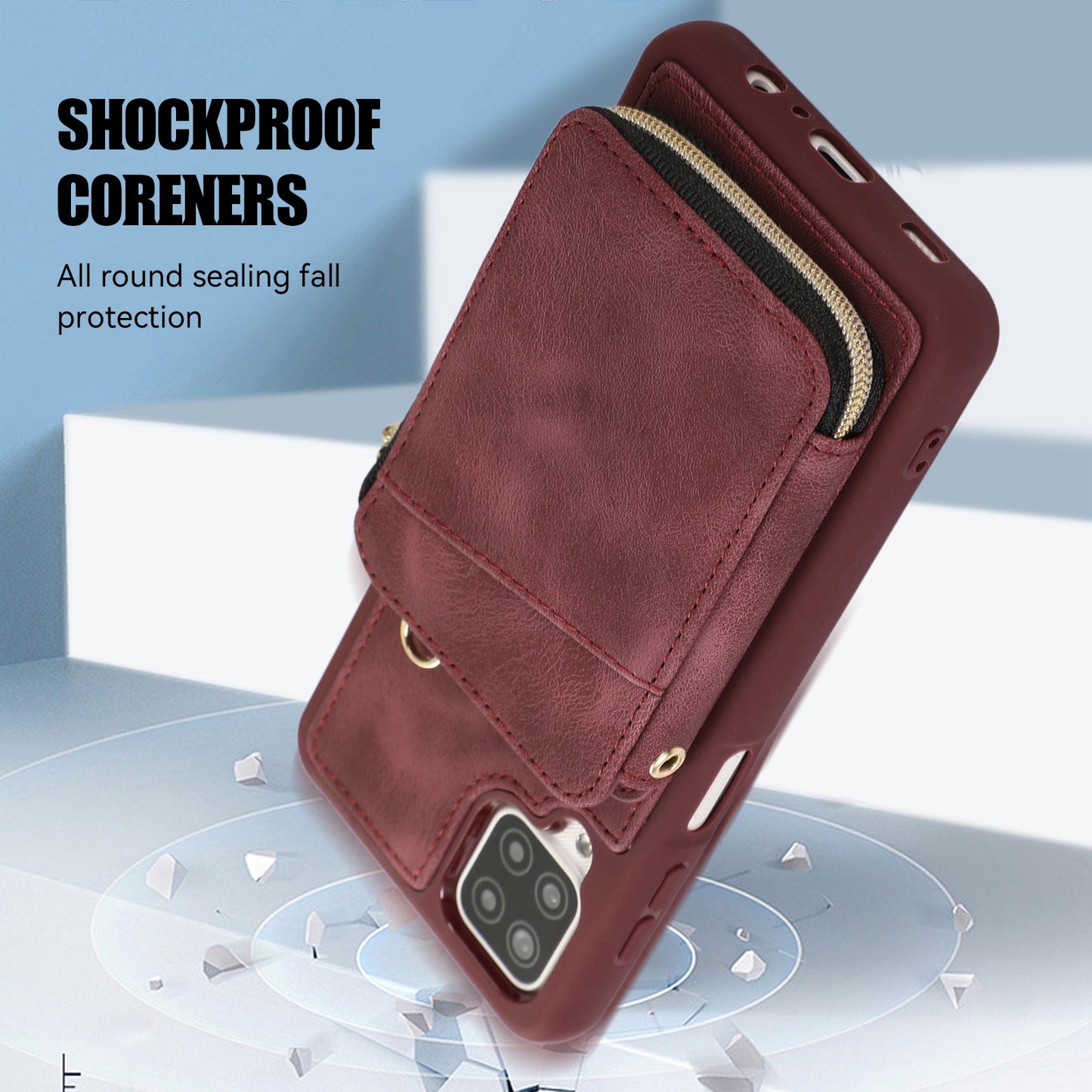 For Samsung Galaxy A12 Card Holder Slots Zipper Pocket Case PU Leather Coated TPU Kickstand Phone Cover