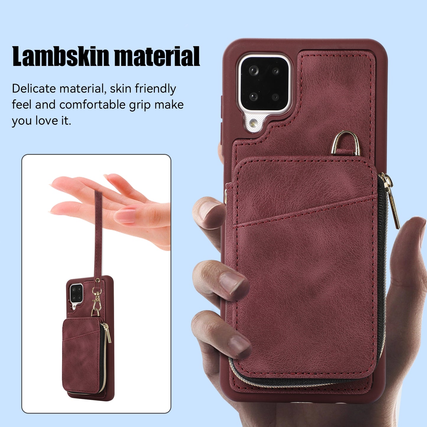 For Samsung Galaxy A12 Card Holder Slots Zipper Pocket Case PU Leather Coated TPU Kickstand Phone Cover