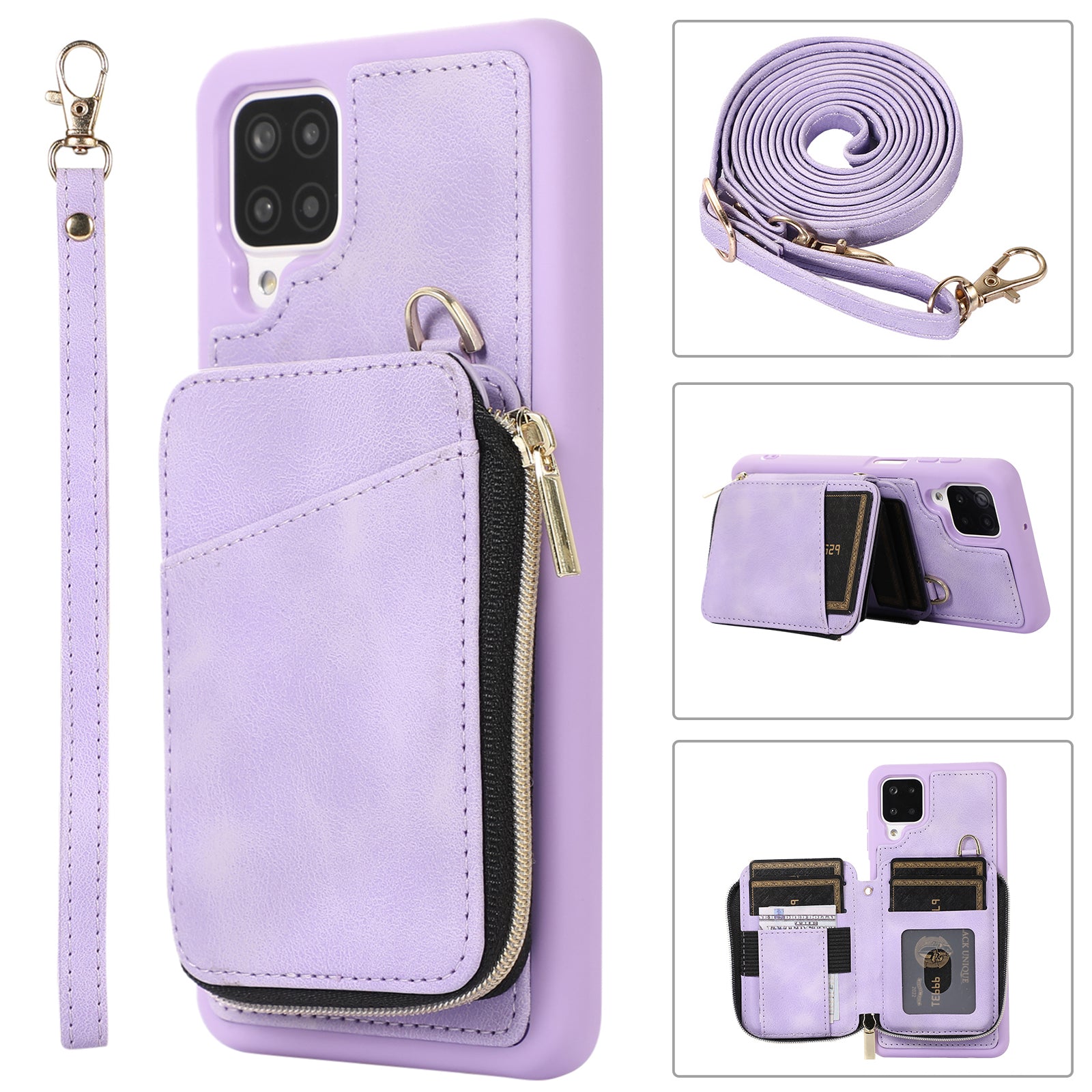 For Samsung Galaxy A12 Card Holder Slots Zipper Pocket Case PU Leather Coated TPU Kickstand Phone Cover