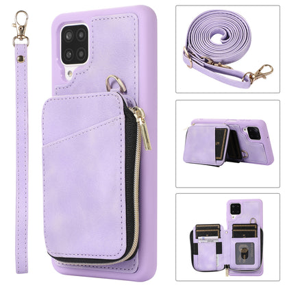 For Samsung Galaxy A12 Card Holder Slots Zipper Pocket Case PU Leather Coated TPU Kickstand Phone Cover