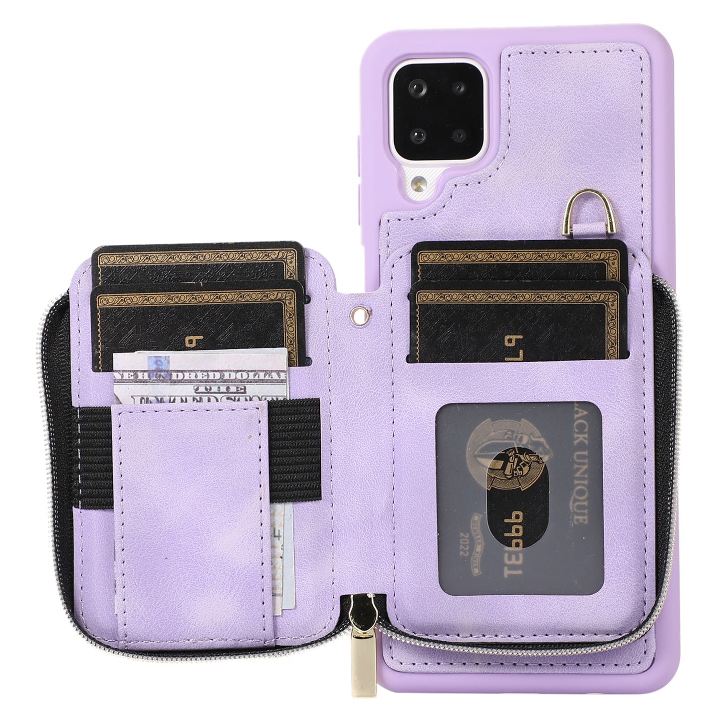 For Samsung Galaxy A12 Card Holder Slots Zipper Pocket Case PU Leather Coated TPU Kickstand Phone Cover