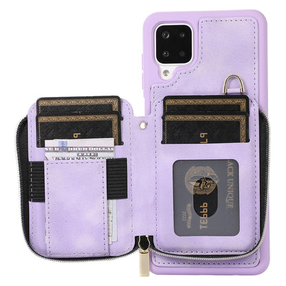 For Samsung Galaxy A12 Card Holder Slots Zipper Pocket Case PU Leather Coated TPU Kickstand Phone Cover