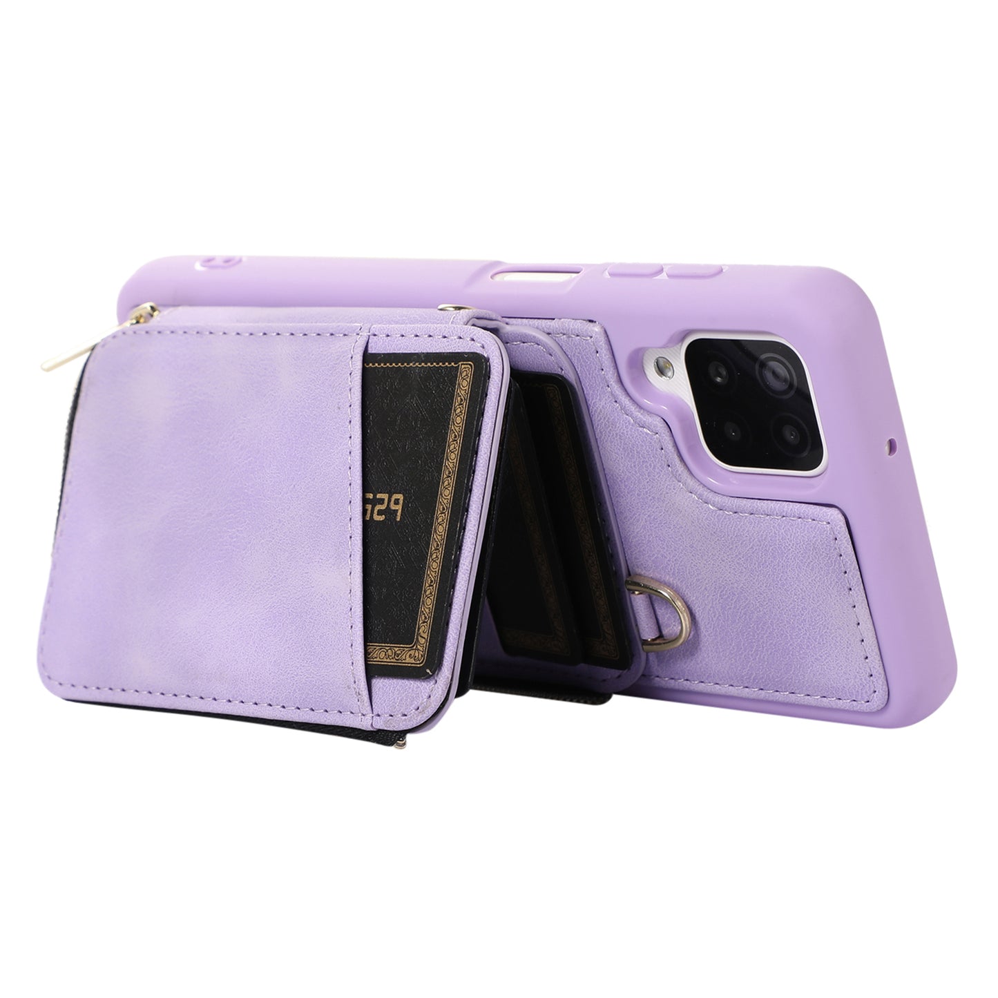 For Samsung Galaxy A12 Card Holder Slots Zipper Pocket Case PU Leather Coated TPU Kickstand Phone Cover