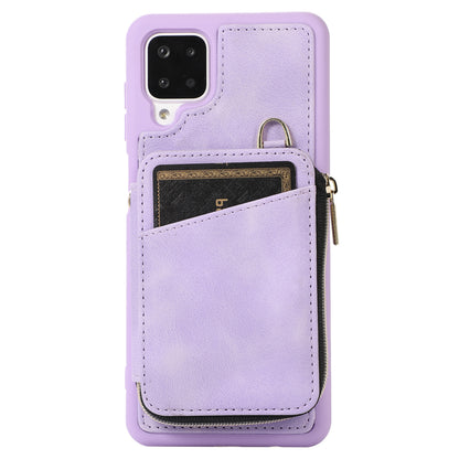For Samsung Galaxy A12 Card Holder Slots Zipper Pocket Case PU Leather Coated TPU Kickstand Phone Cover
