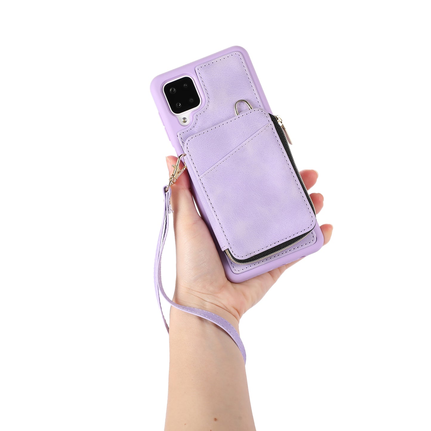 For Samsung Galaxy A12 Card Holder Slots Zipper Pocket Case PU Leather Coated TPU Kickstand Phone Cover