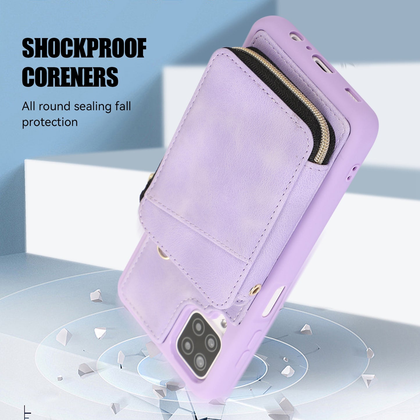 For Samsung Galaxy A12 Card Holder Slots Zipper Pocket Case PU Leather Coated TPU Kickstand Phone Cover