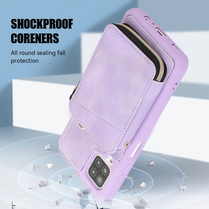 For Samsung Galaxy A12 Card Holder Slots Zipper Pocket Case PU Leather Coated TPU Kickstand Phone Cover