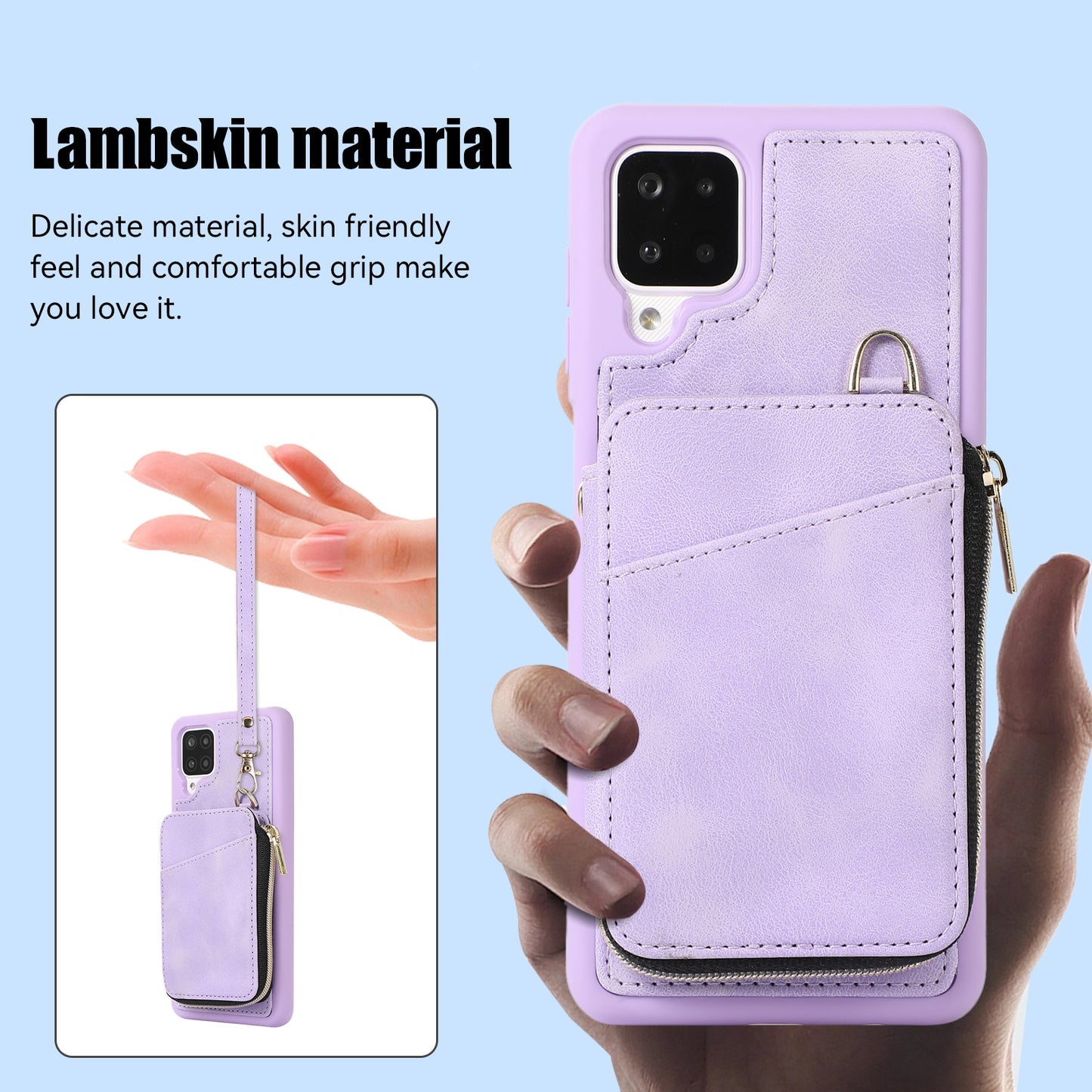 For Samsung Galaxy A12 Card Holder Slots Zipper Pocket Case PU Leather Coated TPU Kickstand Phone Cover