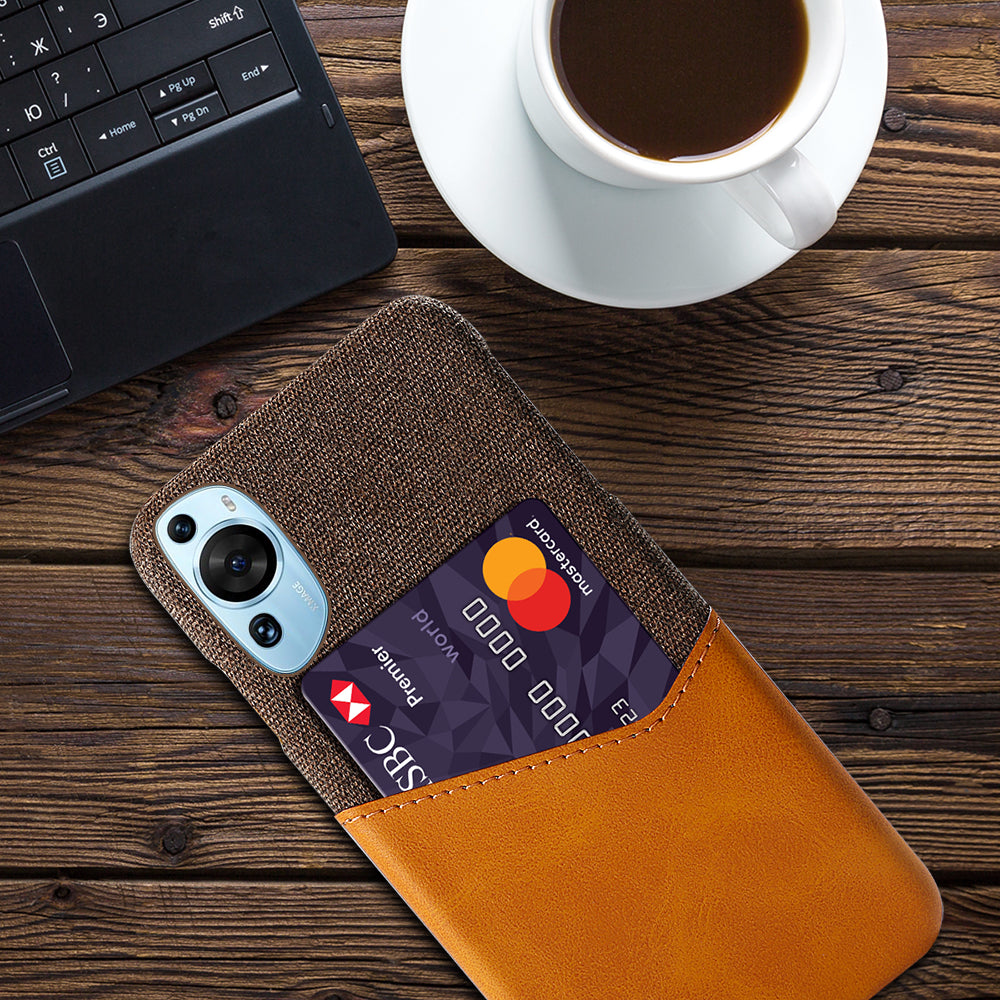 For Huawei P60 Art Cloth Texture Card Holder Phone Case Leather Coated Hard PC Cover
