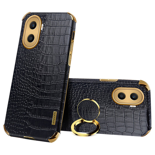 For Honor X40i 5G Ring Kickstand 6D Electroplated Case Precise Cutout Crocodile Texture Leather Coated TPU Cover