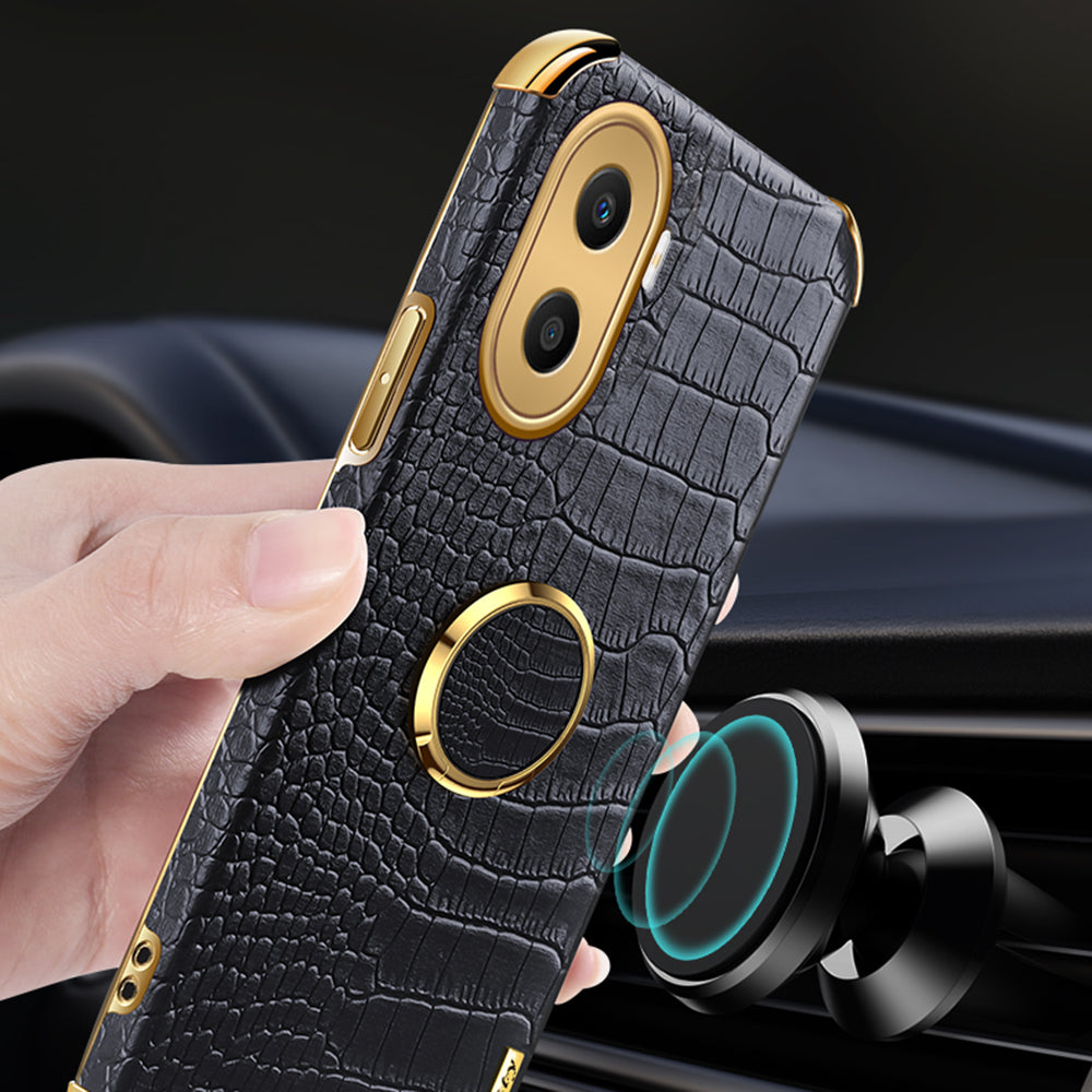 For Honor X40i 5G Ring Kickstand 6D Electroplated Case Precise Cutout Crocodile Texture Leather Coated TPU Cover