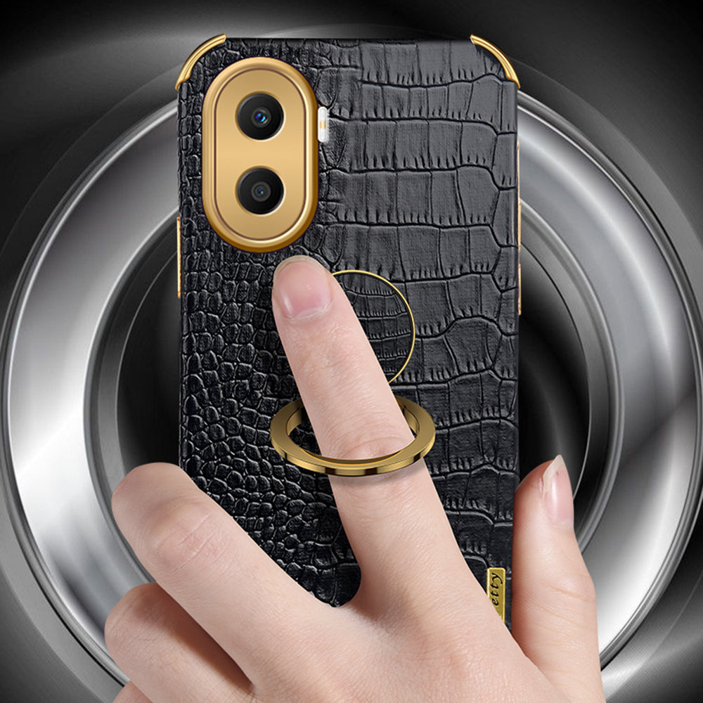 For Honor X40i 5G Ring Kickstand 6D Electroplated Case Precise Cutout Crocodile Texture Leather Coated TPU Cover