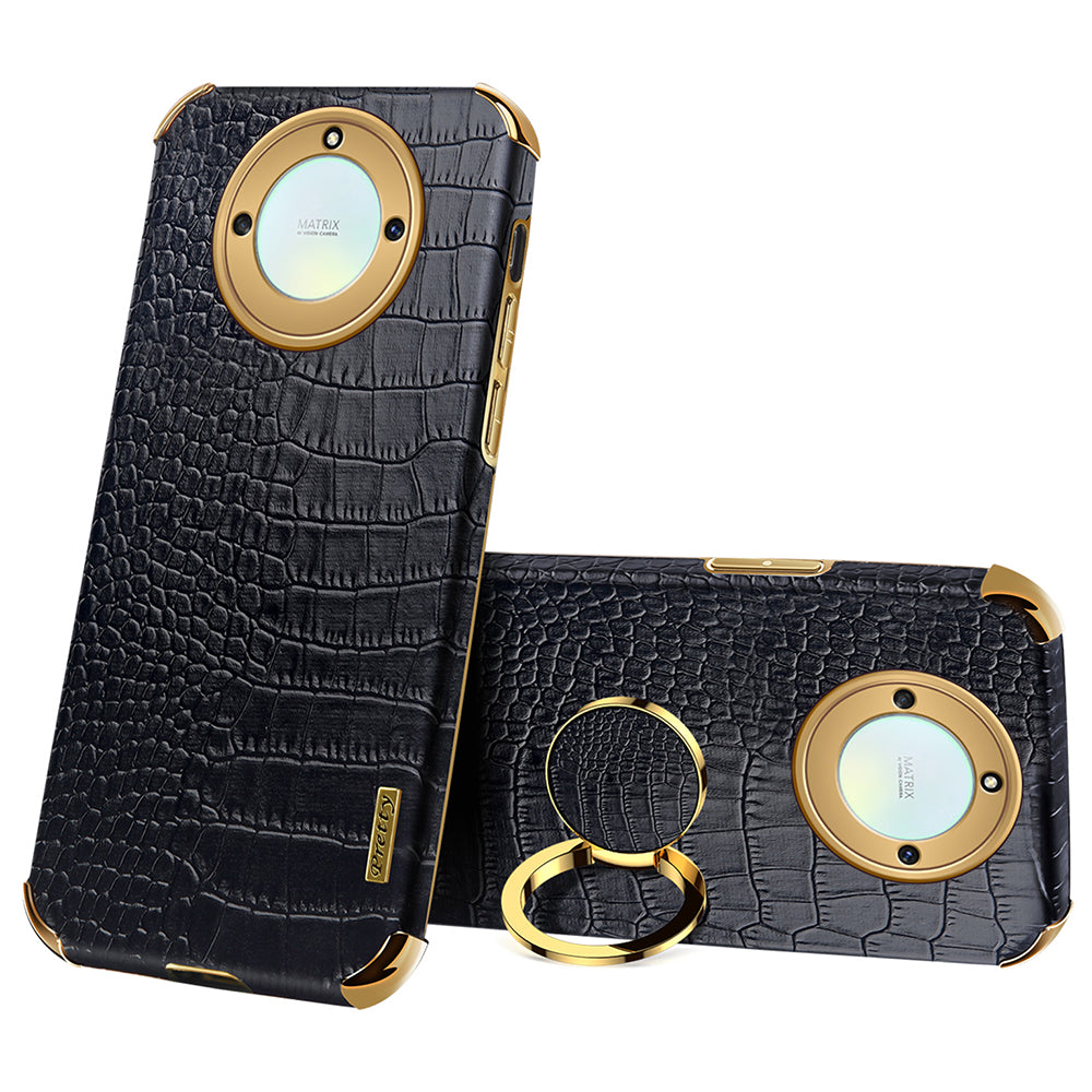 For Honor X40 5G Crocodile Texture Leather Coated TPU Phone Case 6D Electroplated Cover with Ring Kickstand