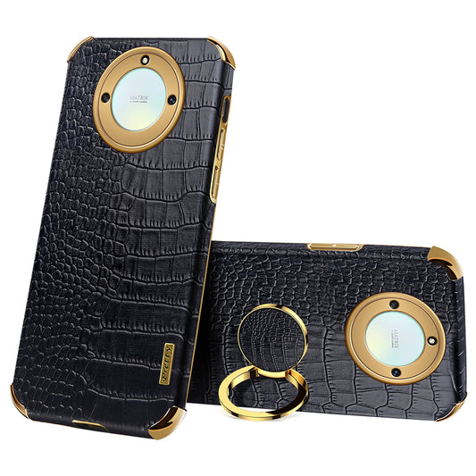 For Honor X40 5G Crocodile Texture Leather Coated TPU Phone Case 6D Electroplated Cover with Ring Kickstand