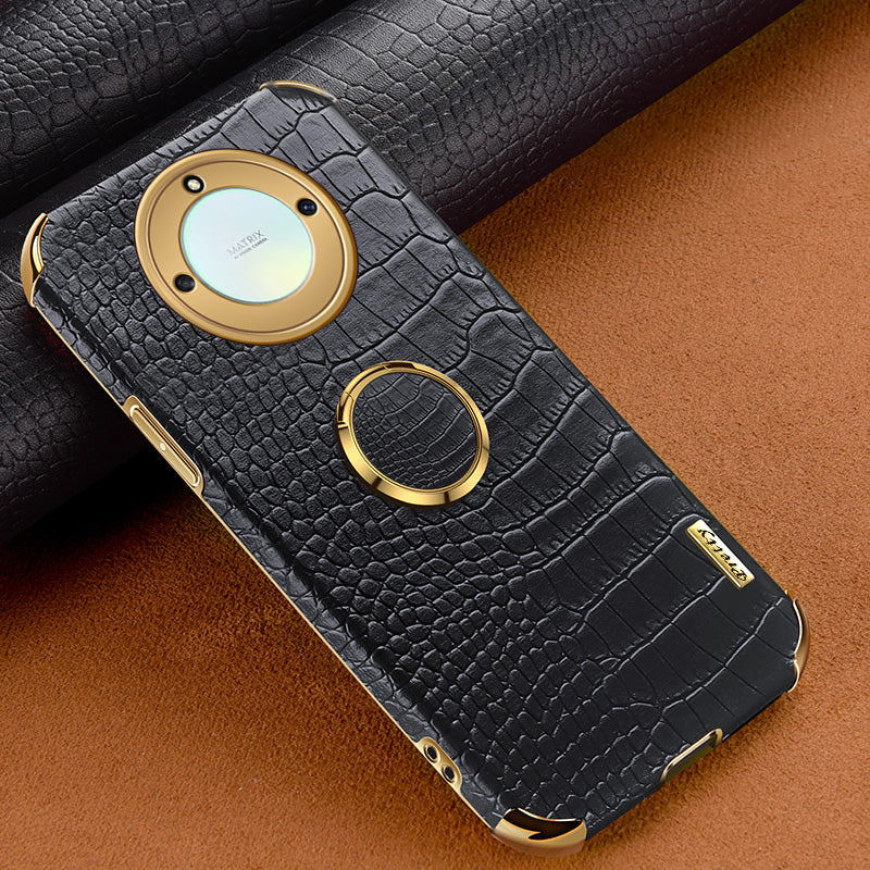 For Honor X40 5G Crocodile Texture Leather Coated TPU Phone Case 6D Electroplated Cover with Ring Kickstand