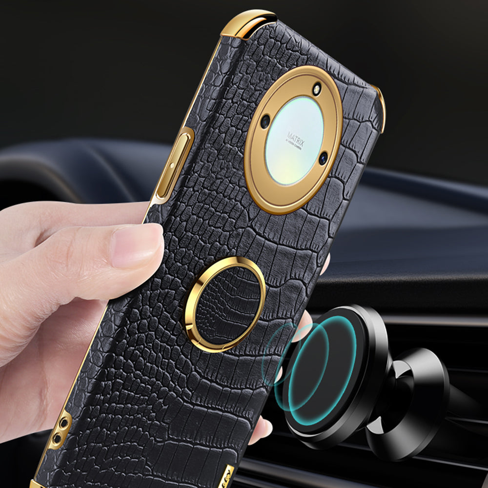 For Honor X40 5G Crocodile Texture Leather Coated TPU Phone Case 6D Electroplated Cover with Ring Kickstand