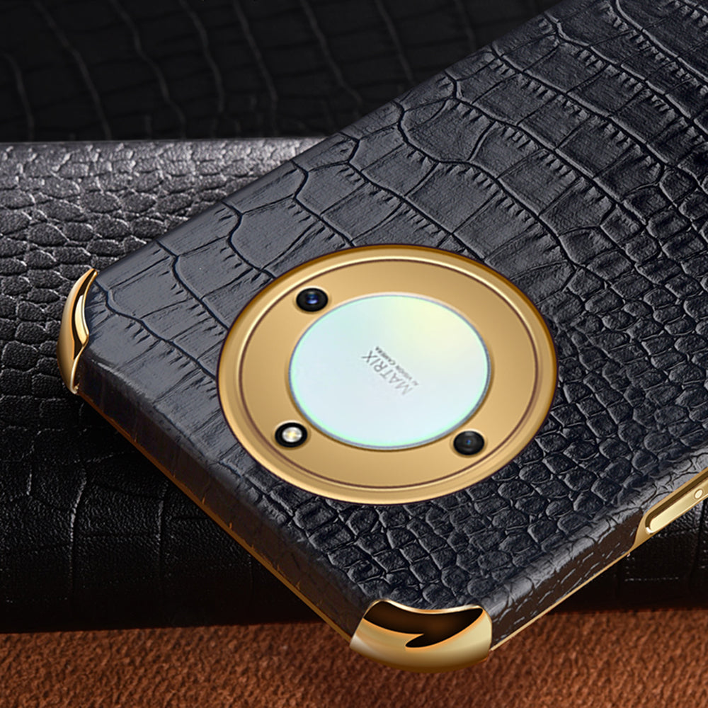 For Honor X40 5G Crocodile Texture Leather Coated TPU Phone Case 6D Electroplated Cover with Ring Kickstand