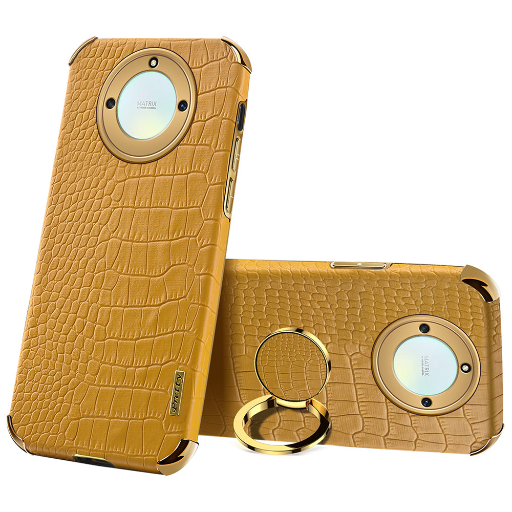 For Honor X40 5G Crocodile Texture Leather Coated TPU Phone Case 6D Electroplated Cover with Ring Kickstand