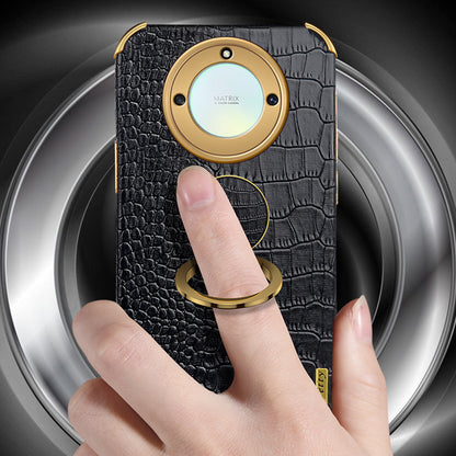 For Honor X40 5G Crocodile Texture Leather Coated TPU Phone Case 6D Electroplated Cover with Ring Kickstand