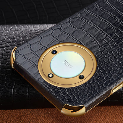 For Honor X40 5G Crocodile Texture Leather Coated TPU Phone Case 6D Electroplated Cover with Ring Kickstand