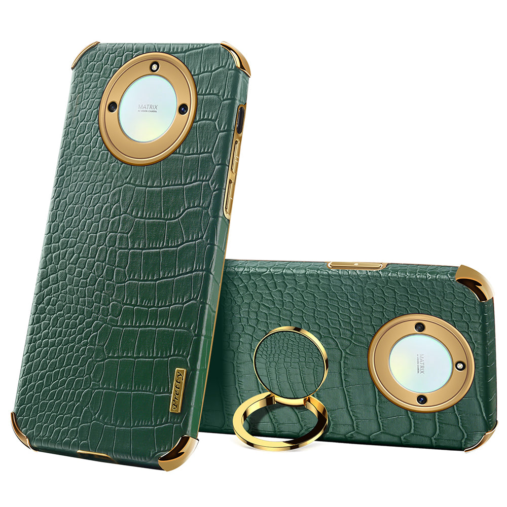 For Honor X40 5G Crocodile Texture Leather Coated TPU Phone Case 6D Electroplated Cover with Ring Kickstand