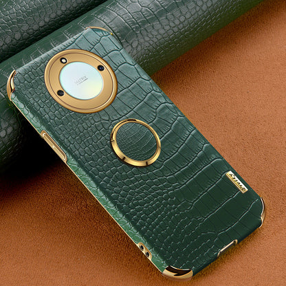 For Honor X40 5G Crocodile Texture Leather Coated TPU Phone Case 6D Electroplated Cover with Ring Kickstand