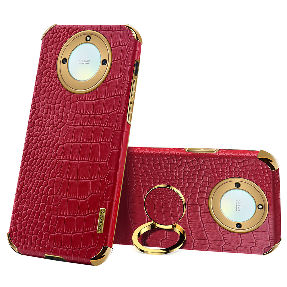For Honor X40 5G Crocodile Texture Leather Coated TPU Phone Case 6D Electroplated Cover with Ring Kickstand