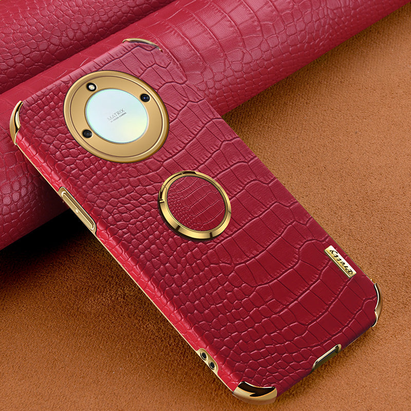 For Honor X40 5G Crocodile Texture Leather Coated TPU Phone Case 6D Electroplated Cover with Ring Kickstand