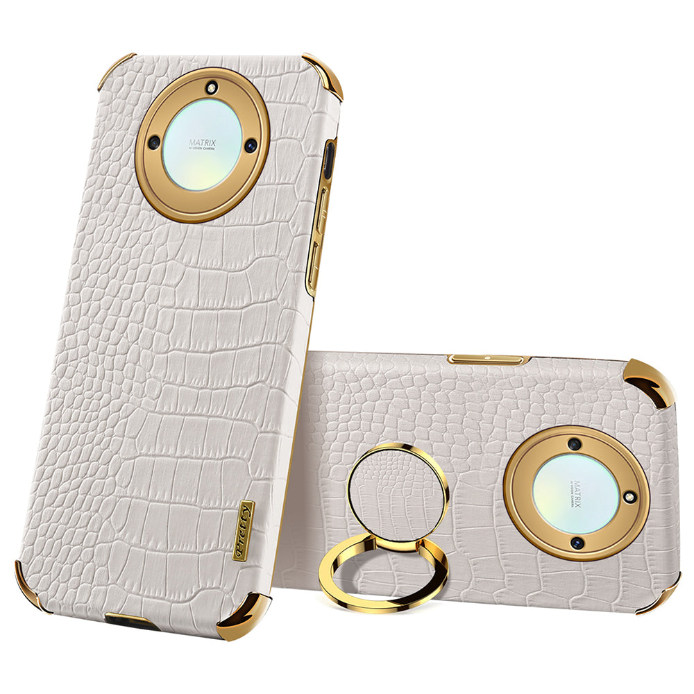 For Honor X40 5G Crocodile Texture Leather Coated TPU Phone Case 6D Electroplated Cover with Ring Kickstand