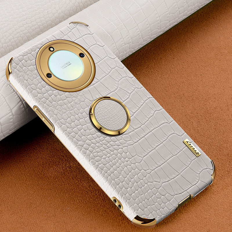 For Honor X40 5G Crocodile Texture Leather Coated TPU Phone Case 6D Electroplated Cover with Ring Kickstand