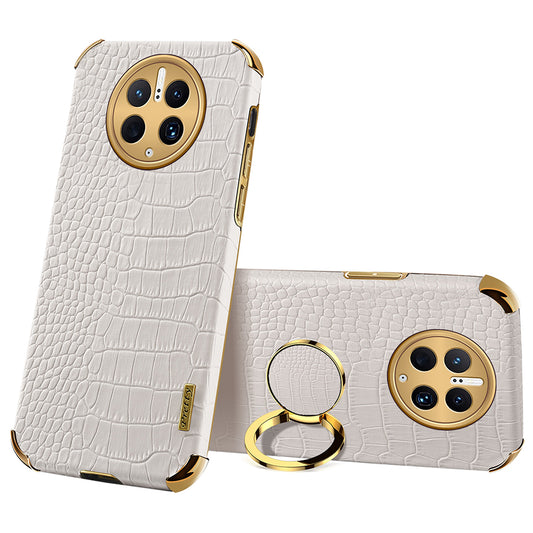 For Huawei Mate 50 Pro 4G Crocodile Texture Ring Kickstand Case 6D Electroplated Leather Coated TPU Phone Cover