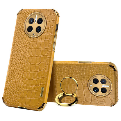 For Huawei Mate 50 Pro 4G Crocodile Texture Ring Kickstand Case 6D Electroplated Leather Coated TPU Phone Cover