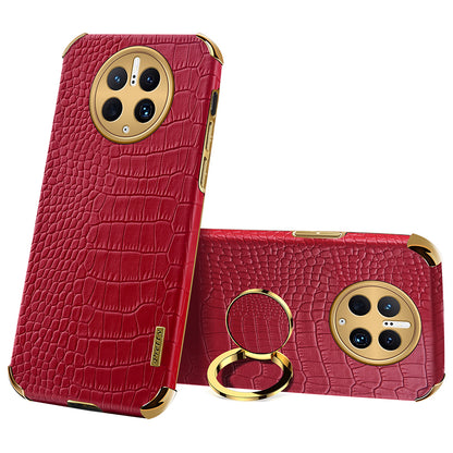 For Huawei Mate 50 Pro 4G Crocodile Texture Ring Kickstand Case 6D Electroplated Leather Coated TPU Phone Cover