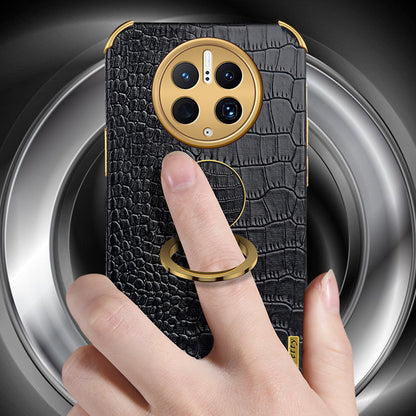 For Huawei Mate 50 Pro 4G Crocodile Texture Ring Kickstand Case 6D Electroplated Leather Coated TPU Phone Cover