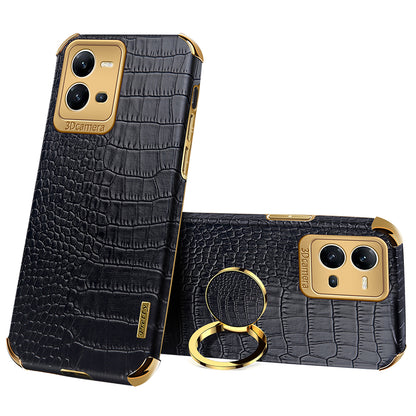 For vivo V25 5G Crocodile Texture Electroplating Cover Ring Kickstand PU Leather Coated TPU Phone Case