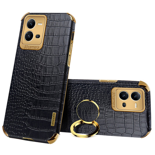 For vivo V25 5G Crocodile Texture Electroplating Cover Ring Kickstand PU Leather Coated TPU Phone Case