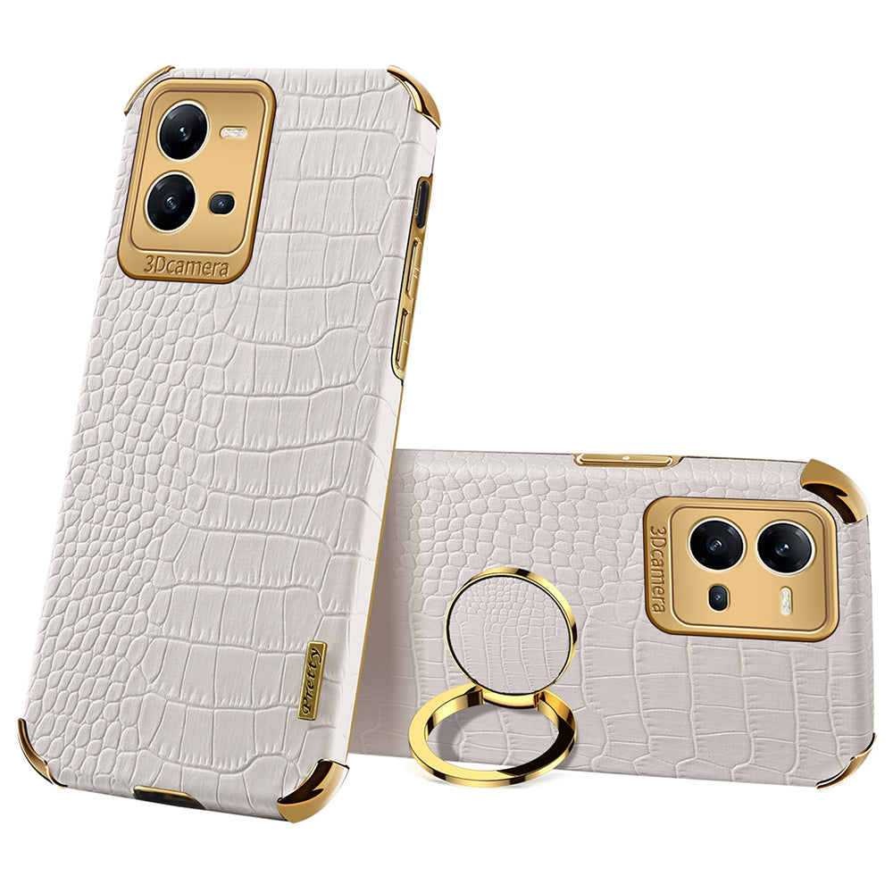 For vivo V25 5G Crocodile Texture Electroplating Cover Ring Kickstand PU Leather Coated TPU Phone Case