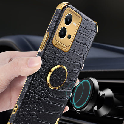 For vivo V25 5G Crocodile Texture Electroplating Cover Ring Kickstand PU Leather Coated TPU Phone Case