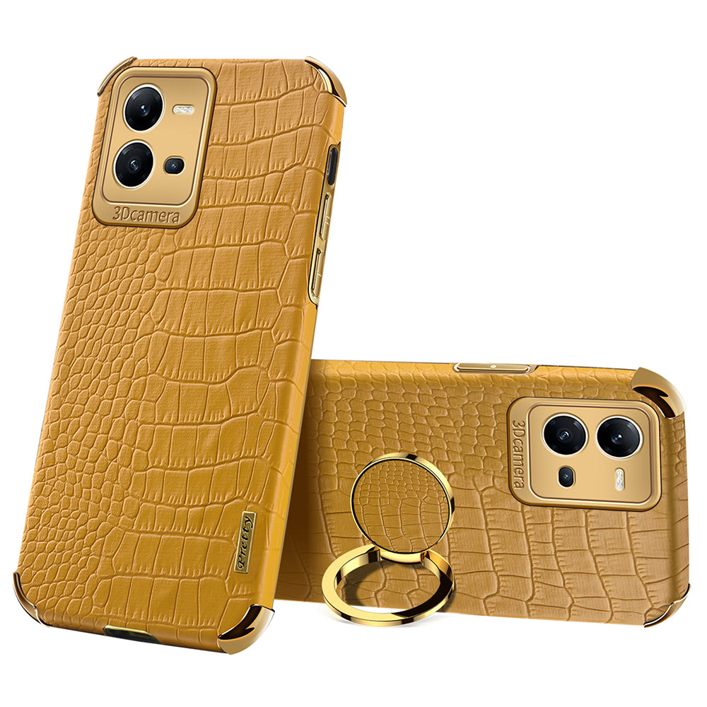 For vivo V25 5G Crocodile Texture Electroplating Cover Ring Kickstand PU Leather Coated TPU Phone Case